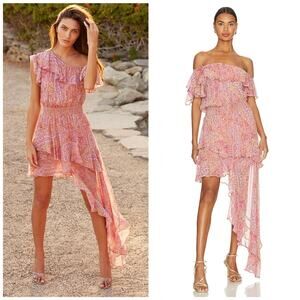 NWOT MISA Los Angeles Gisele Asymmetric Pink Off Shoulder Floral Dress $515 M